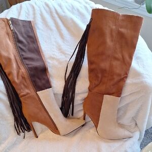Two-Tone Knee-High Boots with Fringe